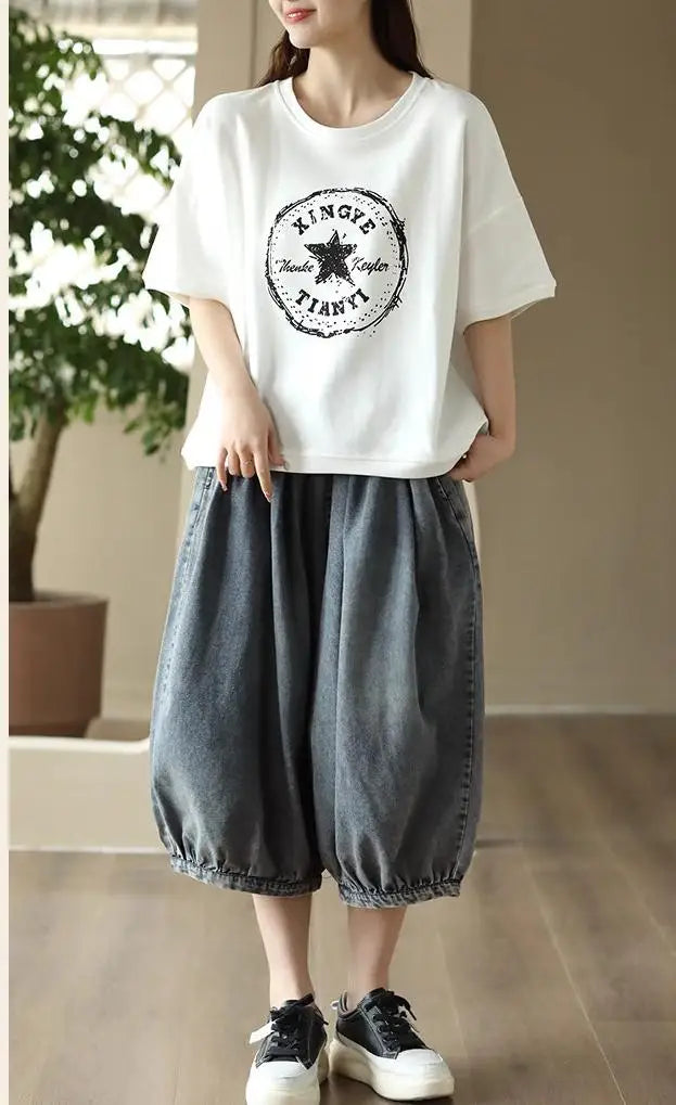 New Women's Summer High-waisted Oversized Calf-length Wide-leg Pants Versatile Casual Loose Streetwear Drawstring Baggy Jeans