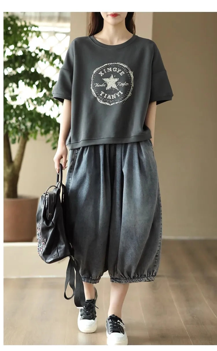 New Women's Summer High-waisted Oversized Calf-length Wide-leg Pants Versatile Casual Loose Streetwear Drawstring Baggy Jeans