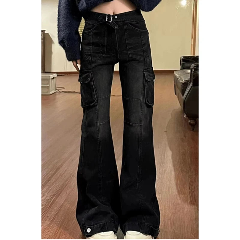 Women Black Gothic Cargo Flare Jeans Emo 2000s Vintage High Waist Baggy Denim Trousers Y2k Harajuku 90s Aesthetic Pants Clothes