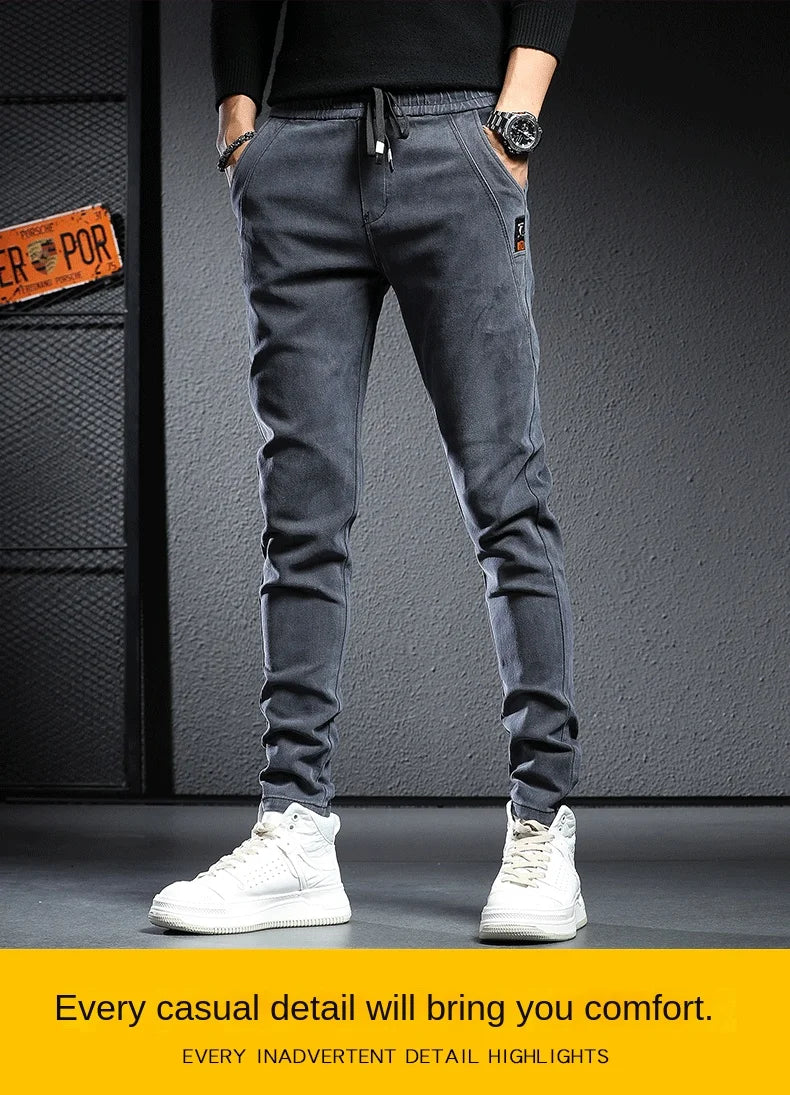 Autumn winter 2022 elastic waist thicken fleece jeans for men Slim fit small feet Korean fashion casual pants for men Long pants