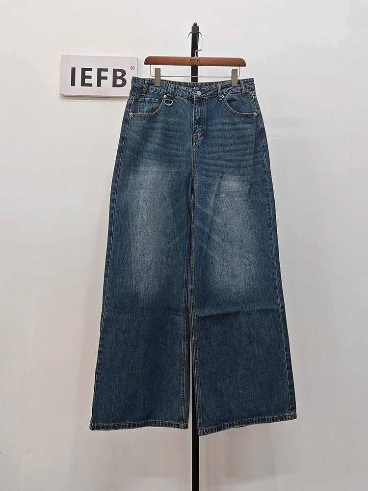 IEFB Summer Men's Denim Pants Old Blue Washed Male Jeans Straight Casual Menwear Loose Wide Leg Trousers 2024 New Fashion 9C354