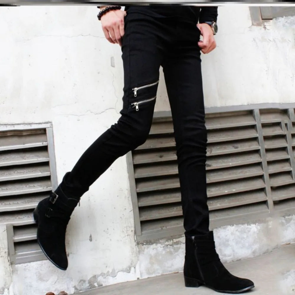 Casual Zipper Designer Men's Jeans Denim Pants 2024 Spring and Autumn Korean New Trendy Black Slim Elastic Pencil Trousers Male