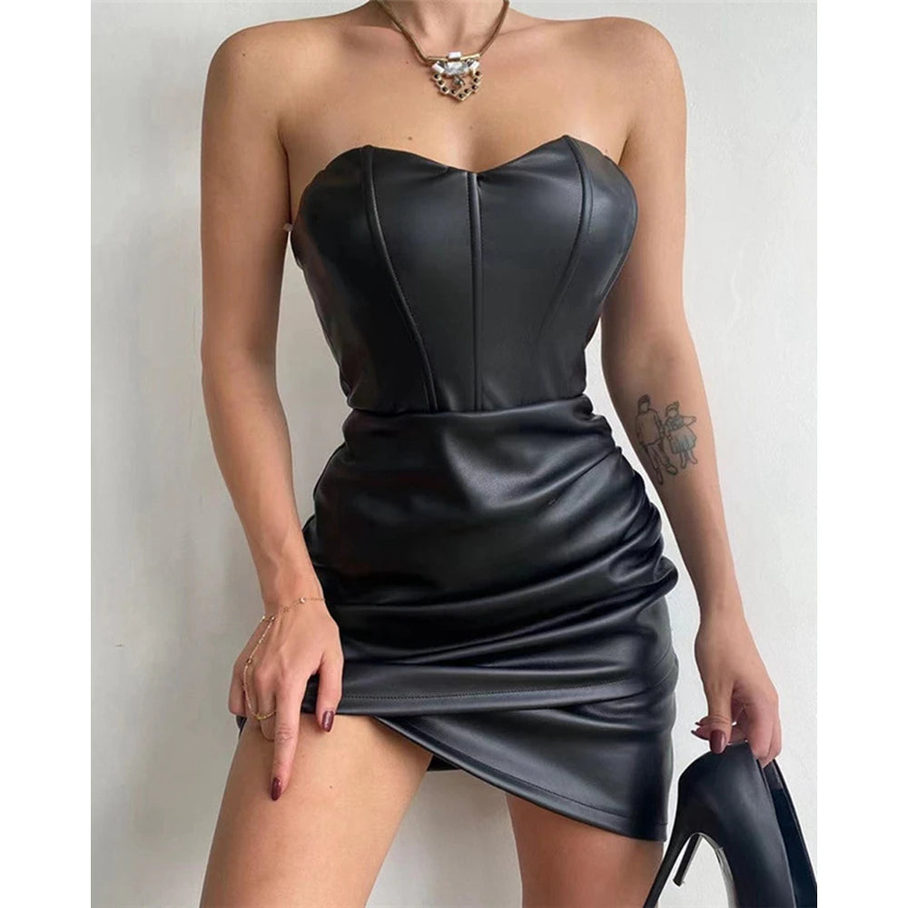 Elegant Women Strapless Pu Leather Bodycon Party Dress Fashion Slim Waist Sexy Dresses for Lady Nightclub Mini Dress Clothes