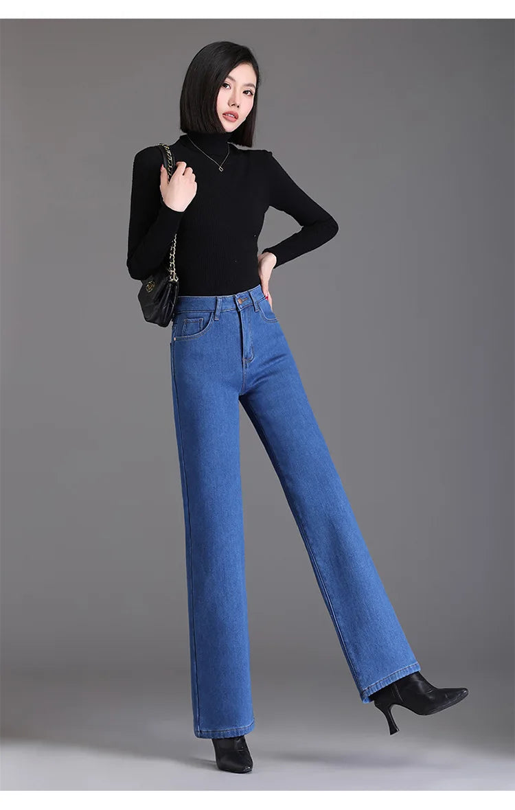 Elegant high waist plush straight leg jeans women long thicken warm oversize winter stretch denim pants velvet hot lining 8XL