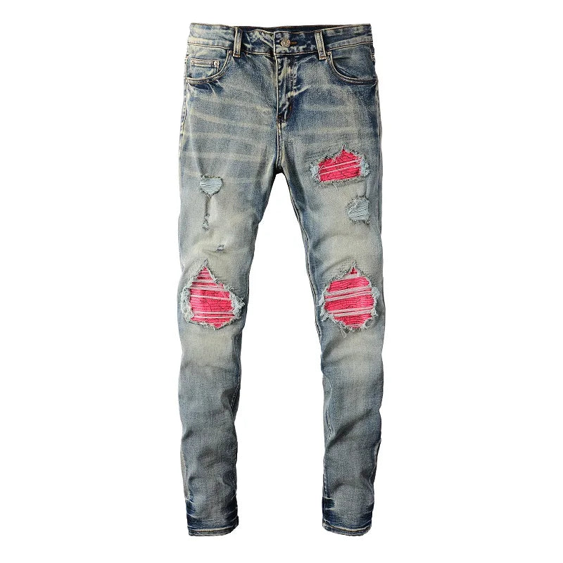 Men's Cracked Patch Biker Jeans Streetwear Pleated Patchwork Stretch Denim Pants Holes Ripped Distressed Skinny Tapered Trousers