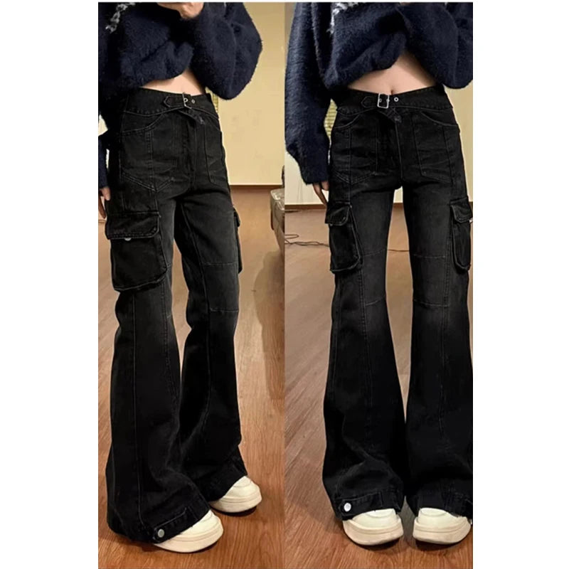 Women Black Gothic Cargo Flare Jeans Emo 2000s Vintage High Waist Baggy Denim Trousers Y2k Harajuku 90s Aesthetic Pants Clothes