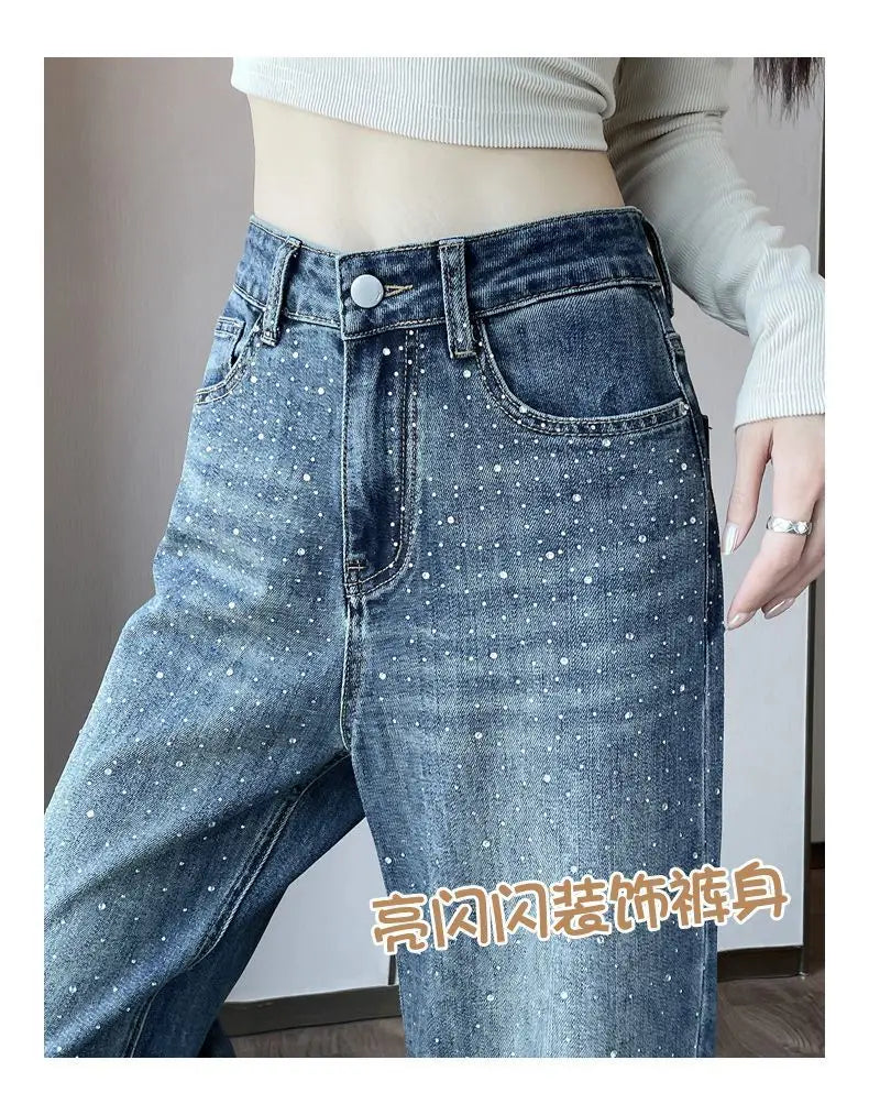 2024 Narrow Wide-Leg Jeans Women's Loose High Waist Straight Pants Autumn Niche Design Personality Rhinestone Mop Pants