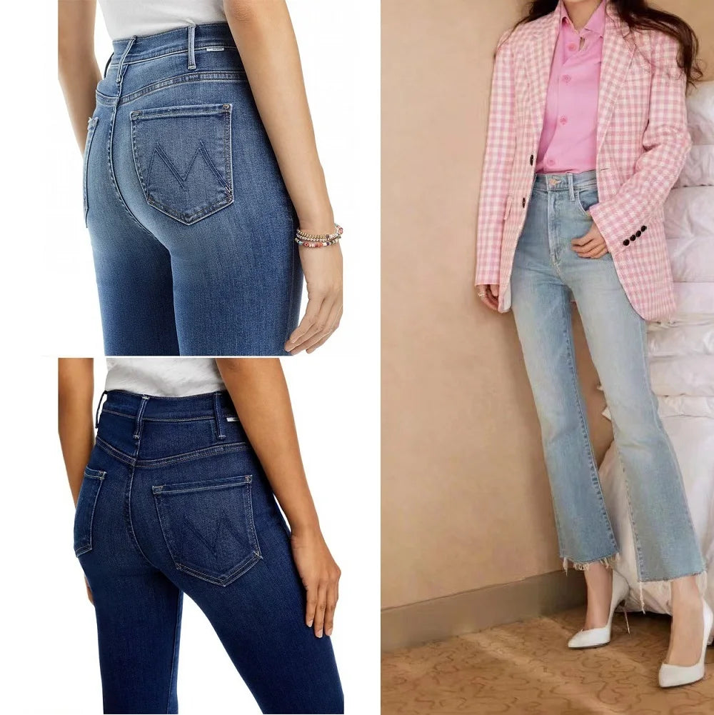 Women Fashion Denim Pants High waisted Elastic Micro Flared Cropped Blue Stretch Jeans Streetwear