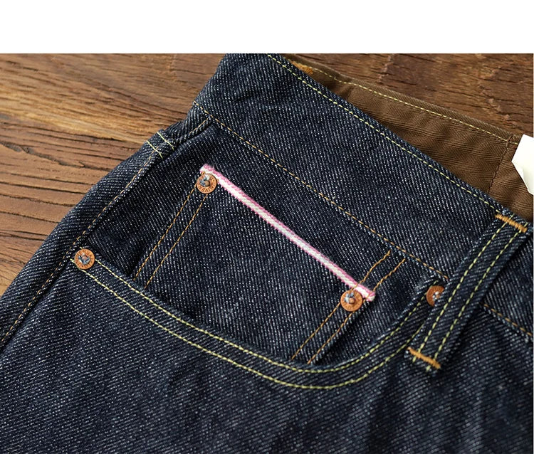 Autumn American Retro 15.5OZ Primary Color Red Ear Selvedge Denim Jeans Men's 100% Cotton Washed Old Heavyweight Straight Pants