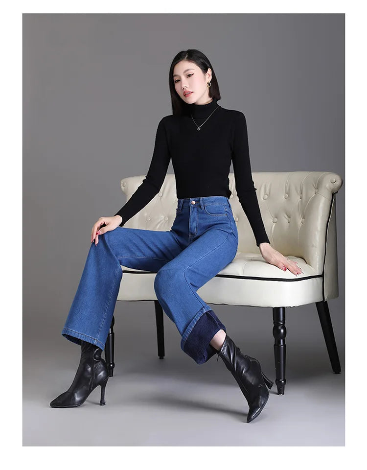 Elegant high waist plush straight leg jeans women long thicken warm oversize winter stretch denim pants velvet hot lining 8XL