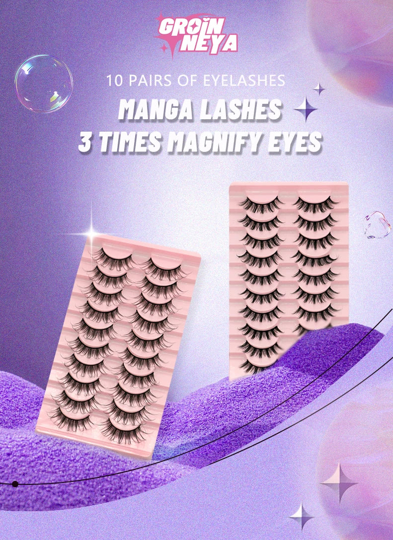 GROINNEYA 5/10 Pairs Natural False Eyelashes Manga Lashes 3d Faux Mink Lashes Soft Winged Natural Realistic Eyelash Extension