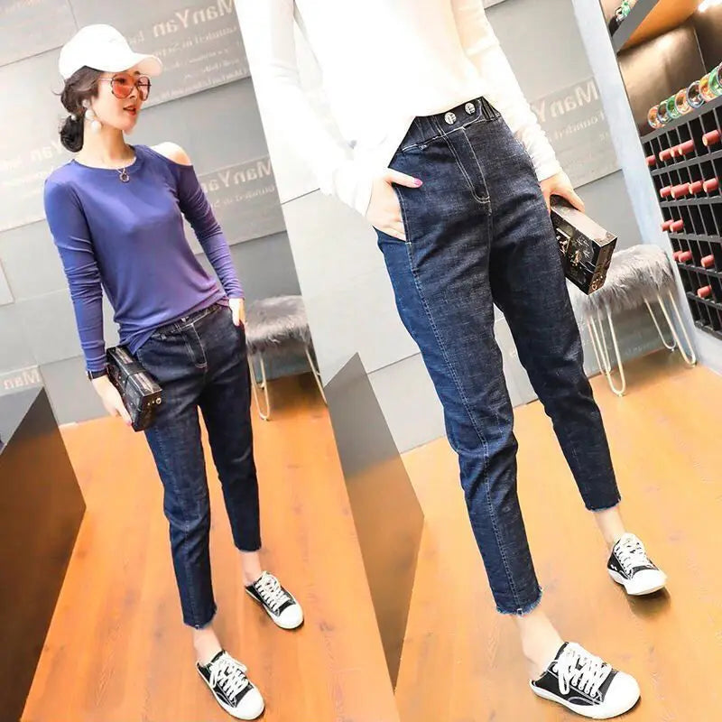 Y2k2023 New Summer Thin High-waisted Jeans Female Small Nine-point Daddy Pants Show Thin Haren Pants Tide