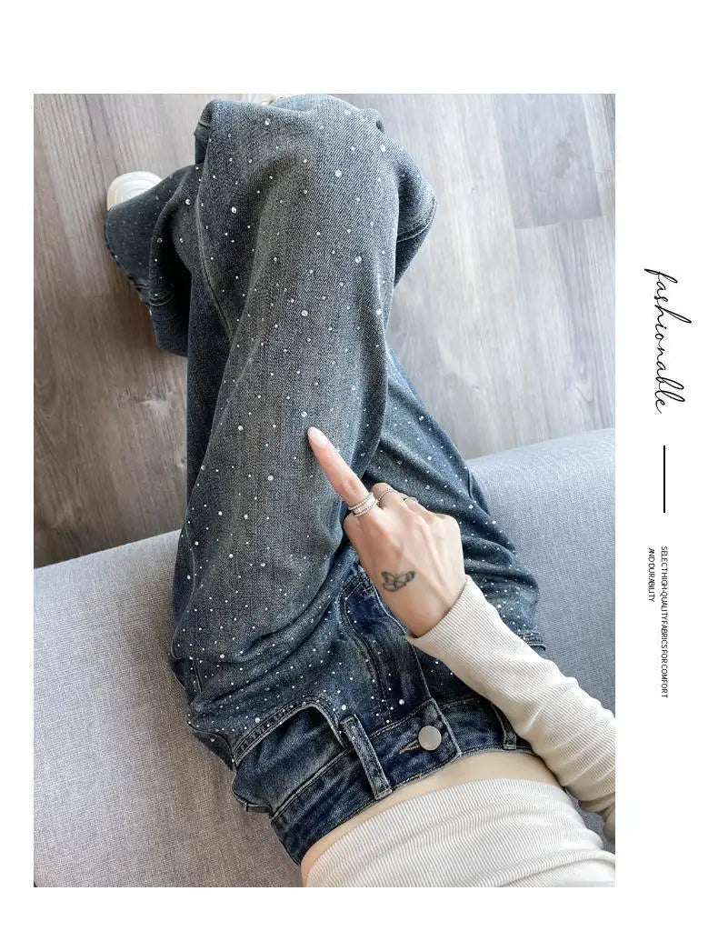 2024 Narrow Wide-Leg Jeans Women's Loose High Waist Straight Pants Autumn Niche Design Personality Rhinestone Mop Pants