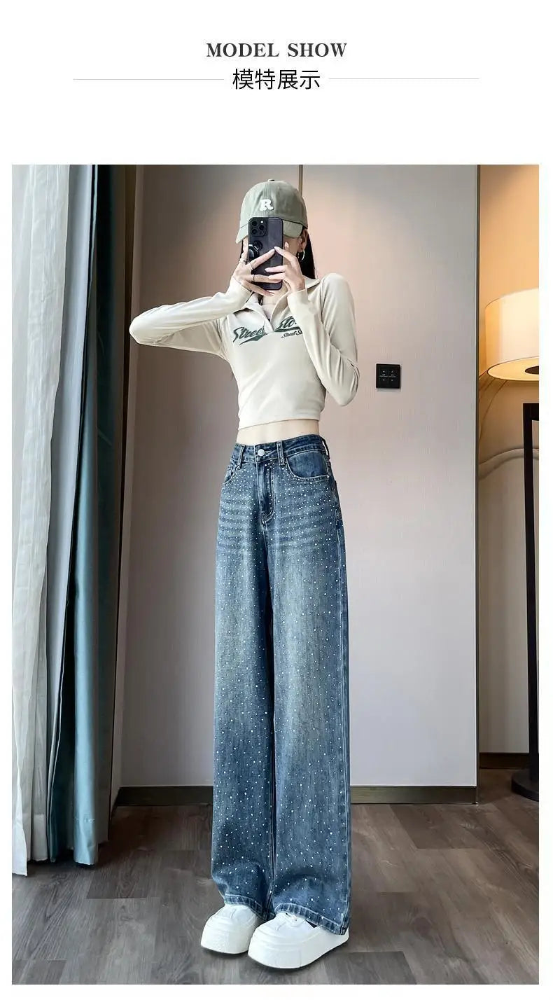 2024 Narrow Wide-Leg Jeans Women's Loose High Waist Straight Pants Autumn Niche Design Personality Rhinestone Mop Pants