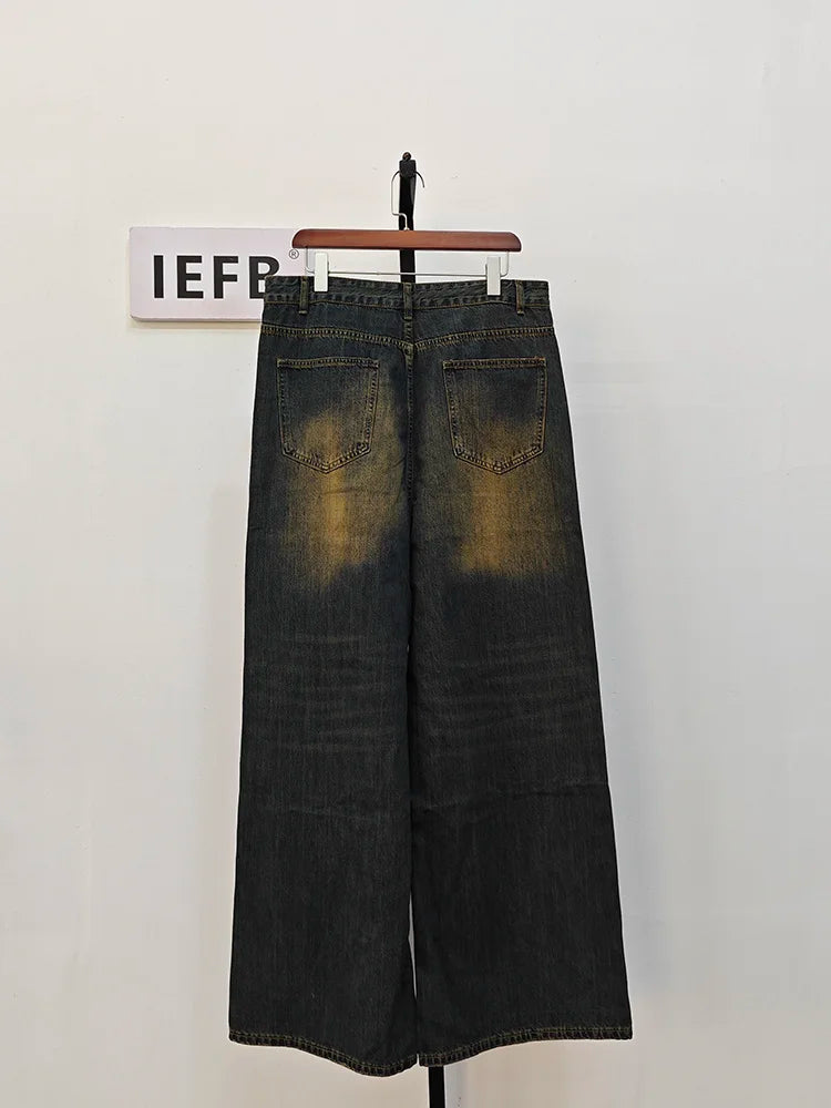 IEFB Summer Men's Denim Pants Old Blue Washed Male Jeans Straight Casual Menwear Loose Wide Leg Trousers 2024 New Fashion 9C354