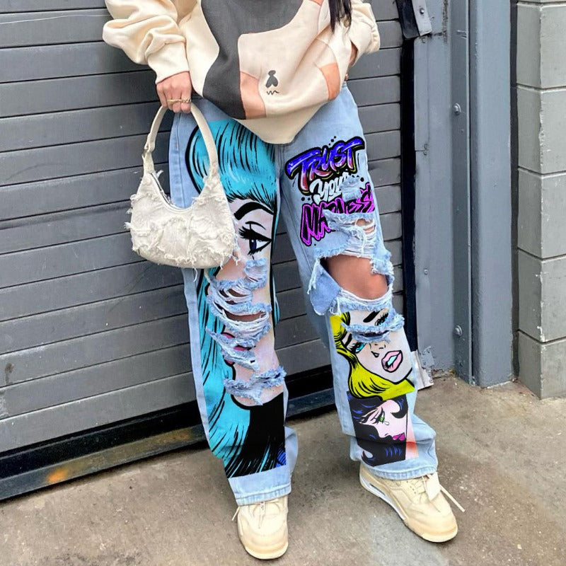 Women's jeans long high waist ripped printing thick edge European and American wide-leg pants trend Y2K personalized jeans