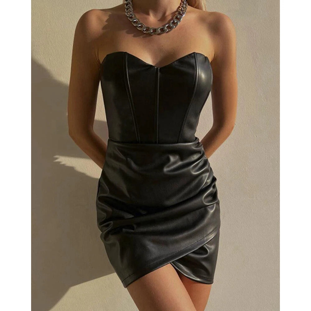 Elegant Women Strapless Pu Leather Bodycon Party Dress Fashion Slim Waist Sexy Dresses for Lady Nightclub Mini Dress Clothes