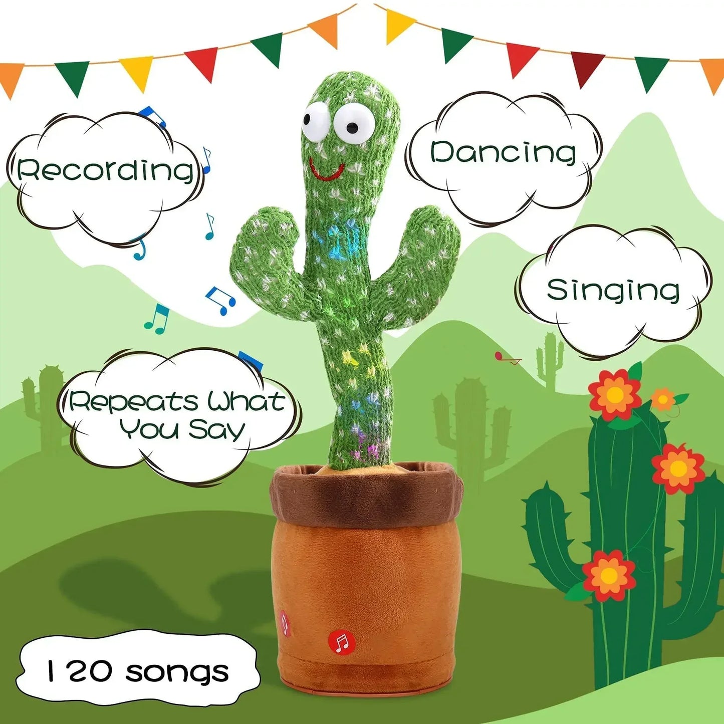 A talking cactus toy that can be charged, recorded, and repeated. Suitable for Spanish, English, and Arabic  voice changer