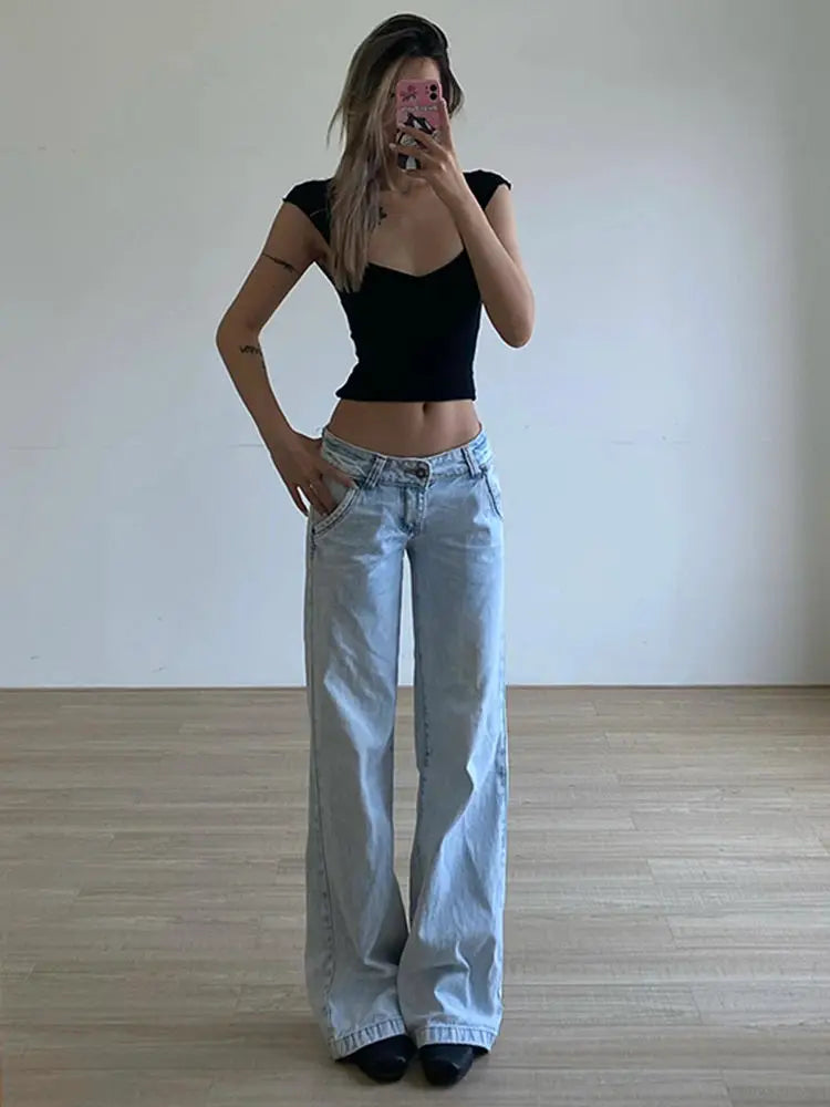 Deeptown Light Blue Low Waist Jeans Woman Streetwear American Vintage Denim Pants Female Casual Washed Straight Pantalons Mujer