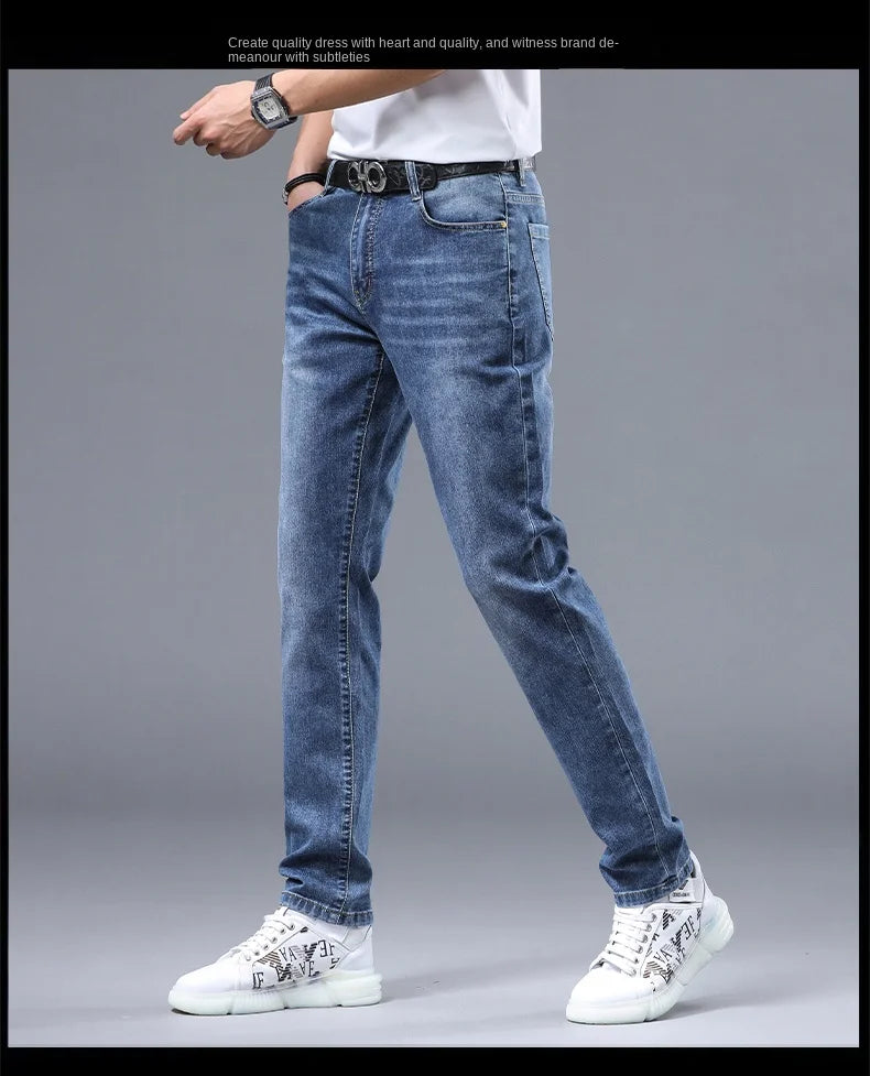 2024 new Korean light luxury high-end personalized printing Slim men's casual pants stretch versatile straight jeans