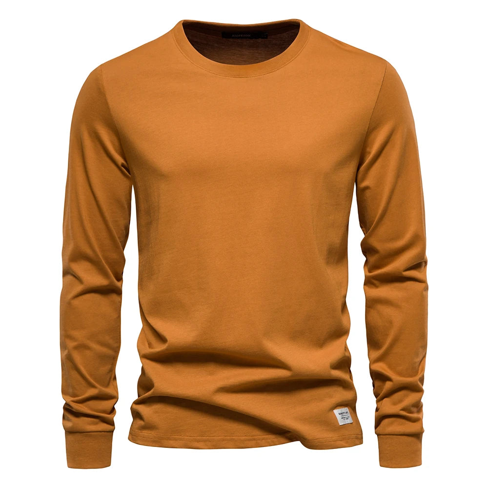 AIOPESON Solid Color Cotton T Shirt Men Casual O-neck Long Sleeved Mens Tshirts Spring Autumn High Quality Basic T-shirt Male