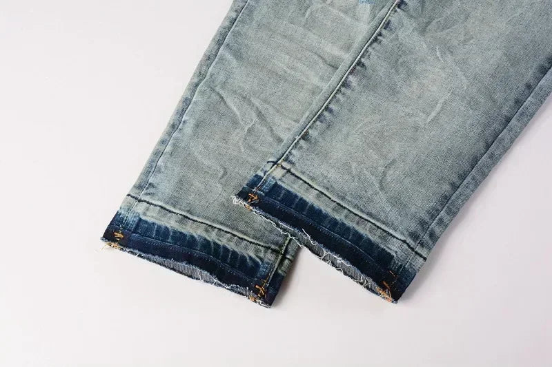 2024 Purples Man jeans brand high street blue ripped distressed fashion repair low rise skinny denim trousers brand pants