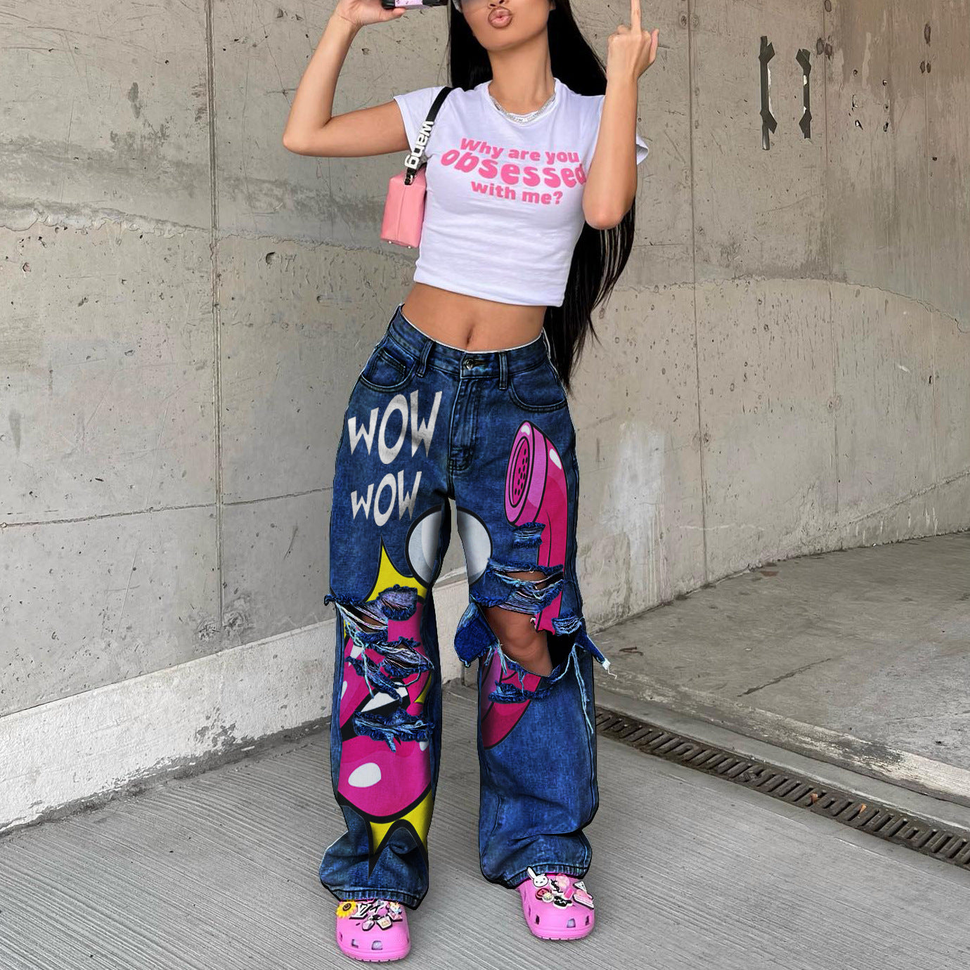 Women's jeans long high waist ripped printing thick edge European and American wide-leg pants trend Y2K personalized jeans