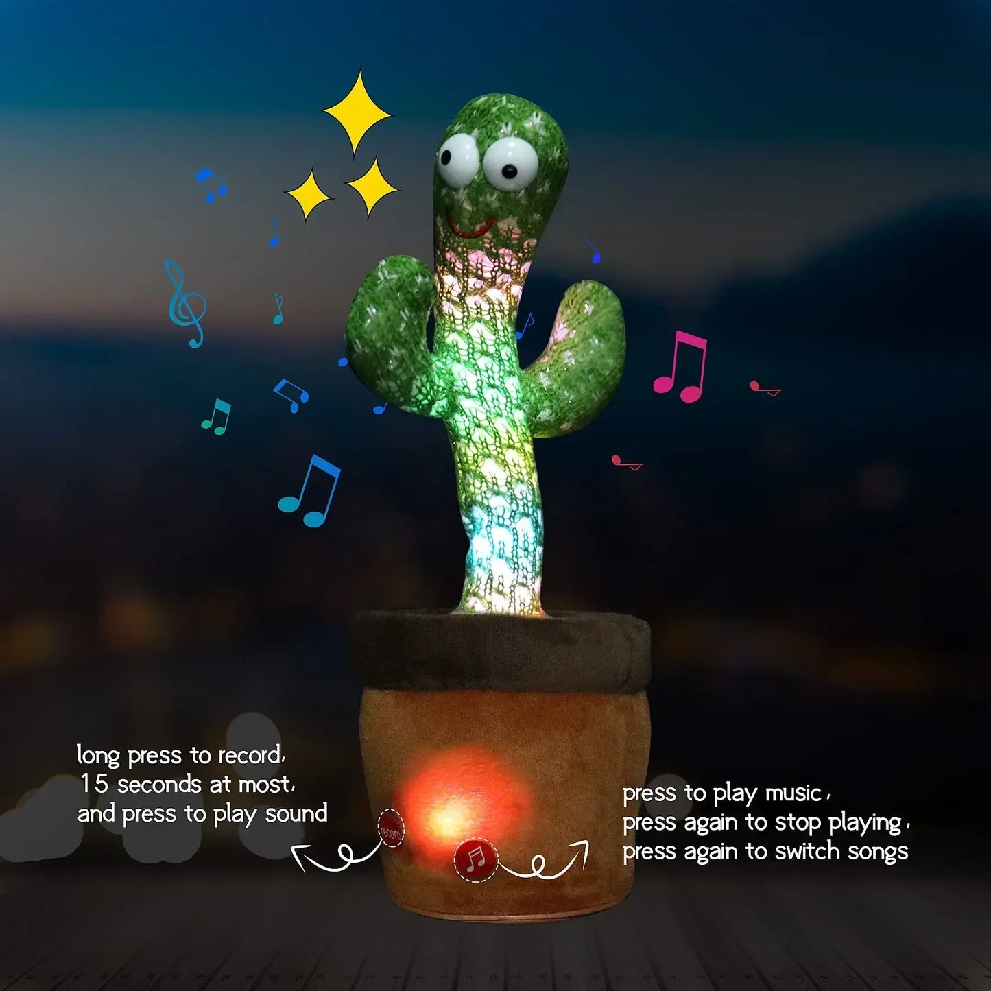 A talking cactus toy that can be charged, recorded, and repeated. Suitable for Spanish, English, and Arabic  voice changer