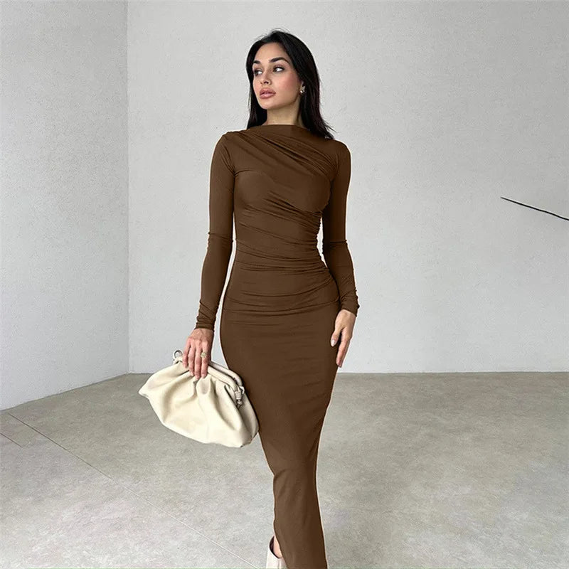 Cryptographic Autumn Elegant Ruched Long Bodycon Dress Fashion Outfits for Women Club Party Slinky Sexy Dresses Birthday Robes