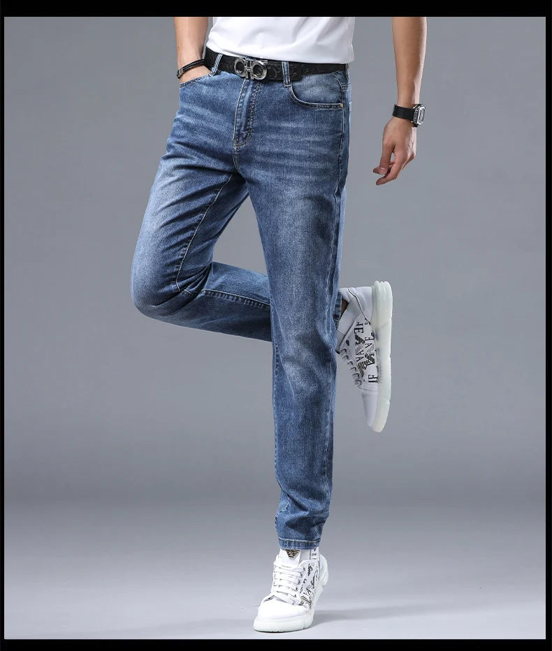 2024 new Korean light luxury high-end personalized printing Slim men's casual pants stretch versatile straight jeans