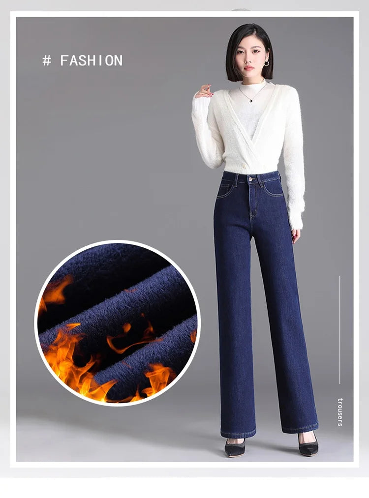 Elegant high waist plush straight leg jeans women long thicken warm oversize winter stretch denim pants velvet hot lining 8XL