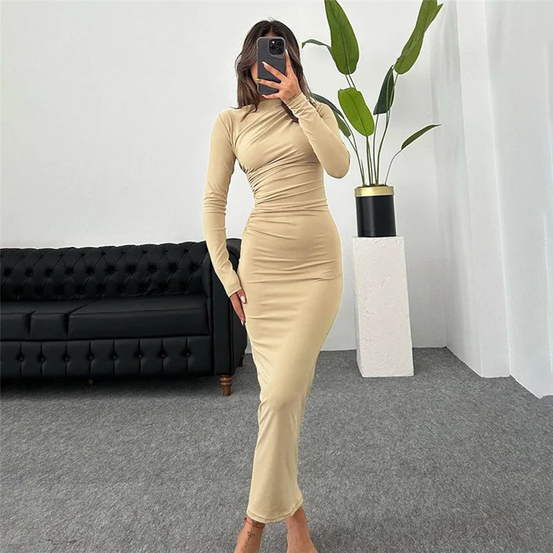 Cryptographic Autumn Elegant Ruched Long Bodycon Dress Fashion Outfits for Women Club Party Slinky Sexy Dresses Birthday Robes