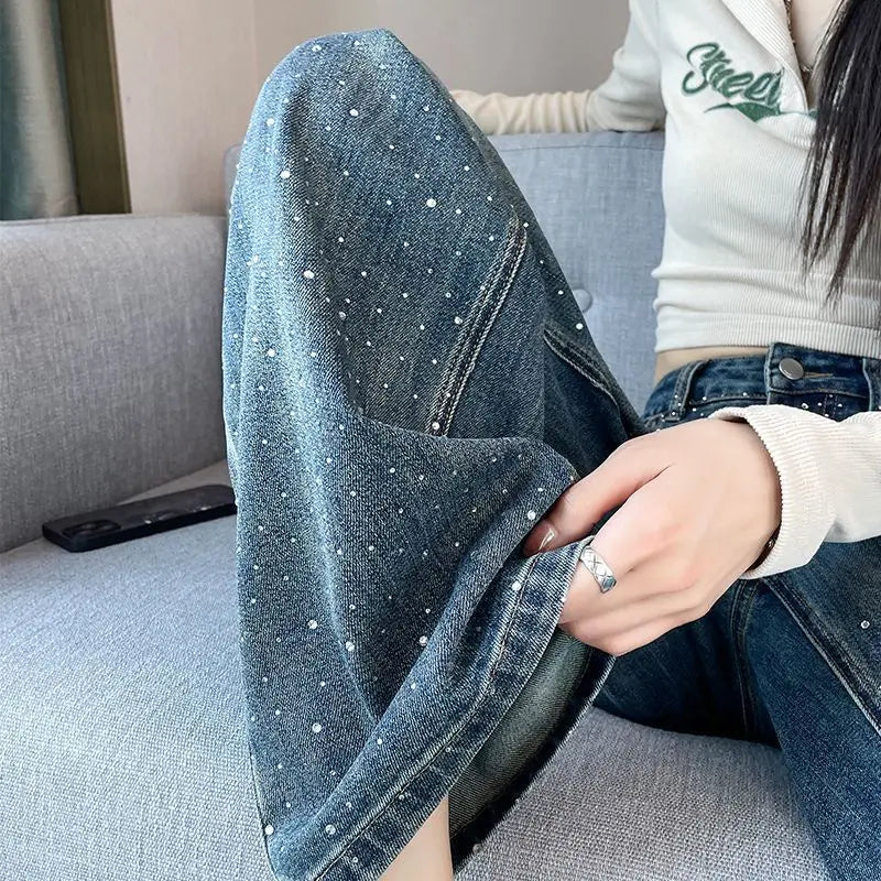 2024 Narrow Wide-Leg Jeans Women's Loose High Waist Straight Pants Autumn Niche Design Personality Rhinestone Mop Pants