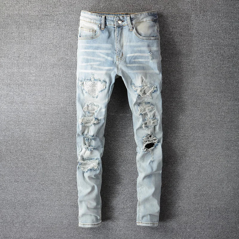 Men Crystal Holes Ripped Patchwork Jeans Streetwear Light Blue Denim Slim Skinny Pencil Pants Trousers