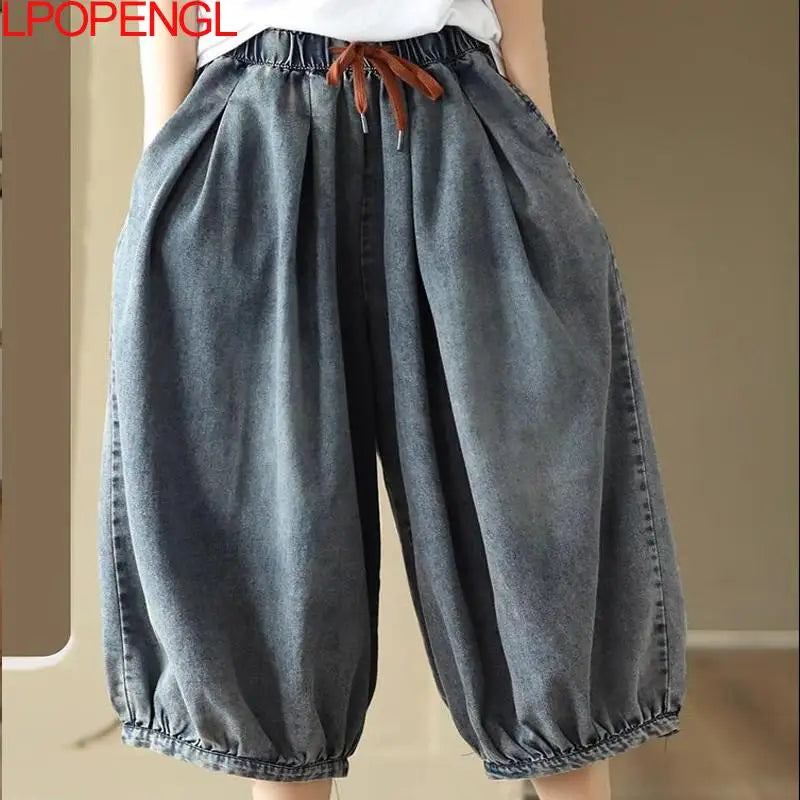 New Women's Summer High-waisted Oversized Calf-length Wide-leg Pants Versatile Casual Loose Streetwear Drawstring Baggy Jeans