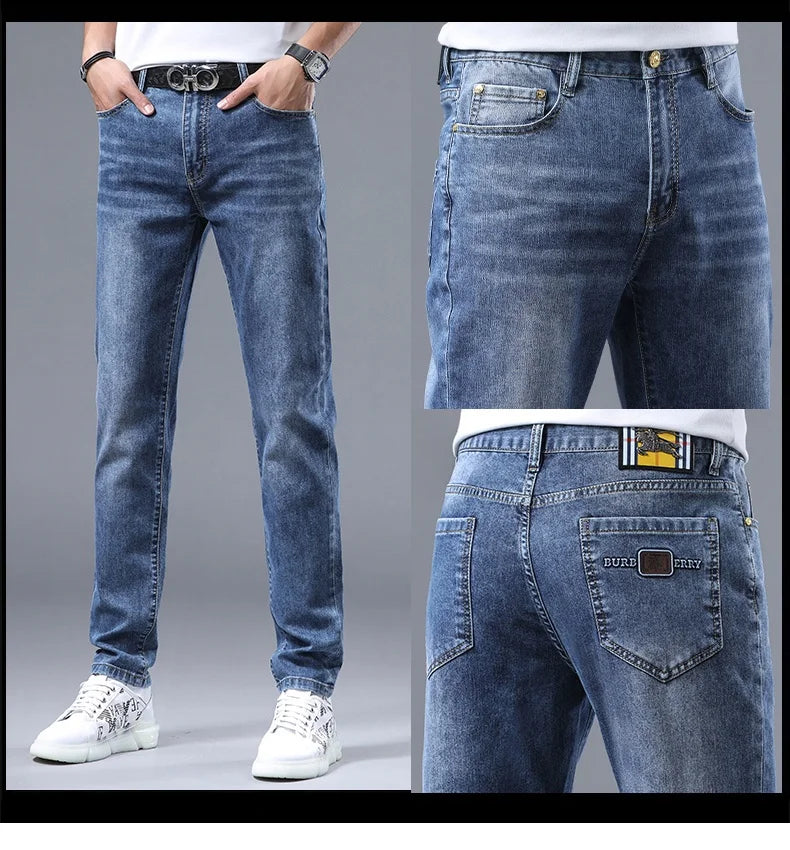 2024 new Korean light luxury high-end personalized printing Slim men's casual pants stretch versatile straight jeans