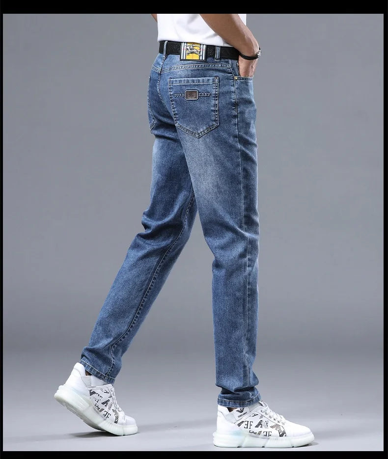 2024 new Korean light luxury high-end personalized printing Slim men's casual pants stretch versatile straight jeans