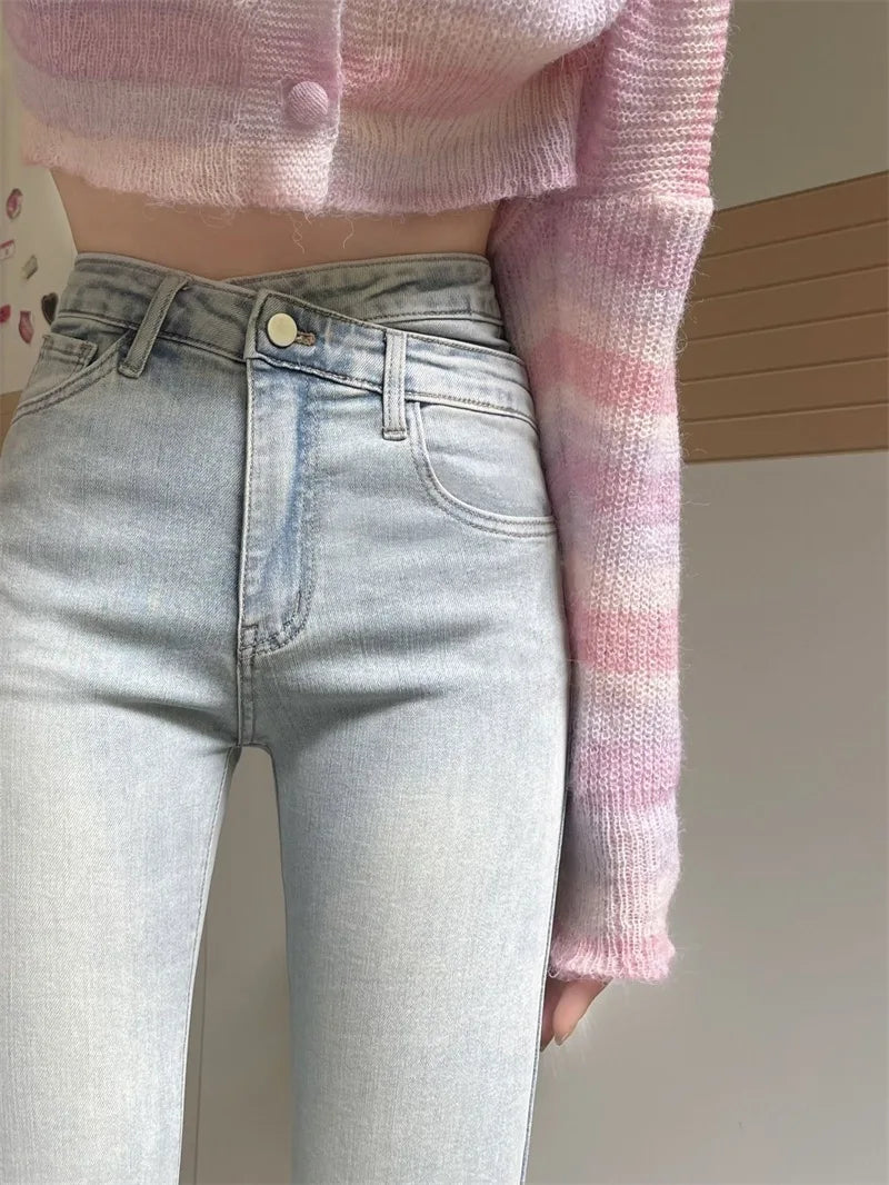 Jielur Irregular Light Blue Autumn Women's Jeans Fashion Office Lady High Waist Slim Tight Hip Zipper Simple Female Flare Pants