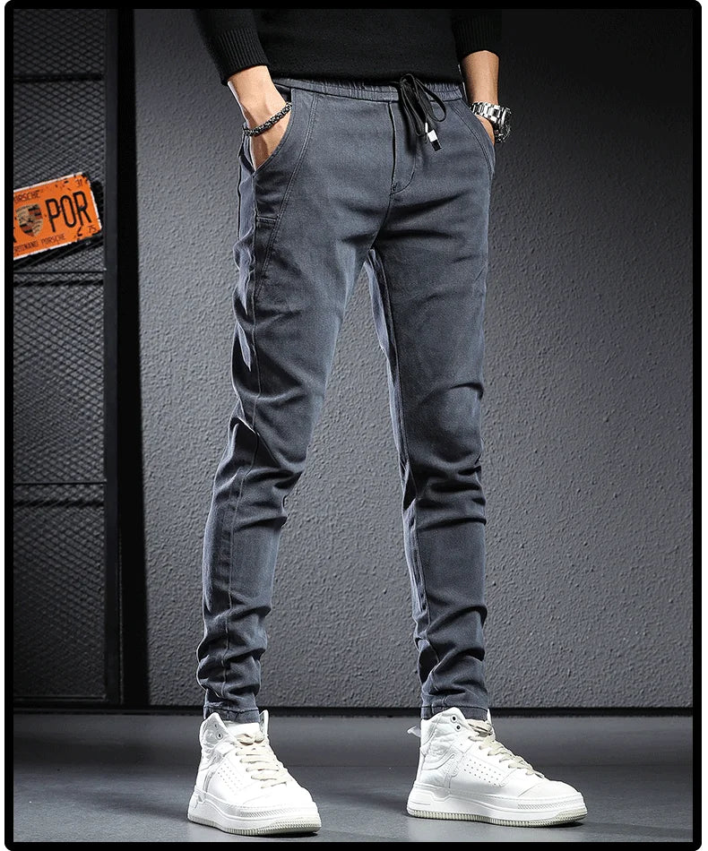 Autumn winter 2022 elastic waist thicken fleece jeans for men Slim fit small feet Korean fashion casual pants for men Long pants