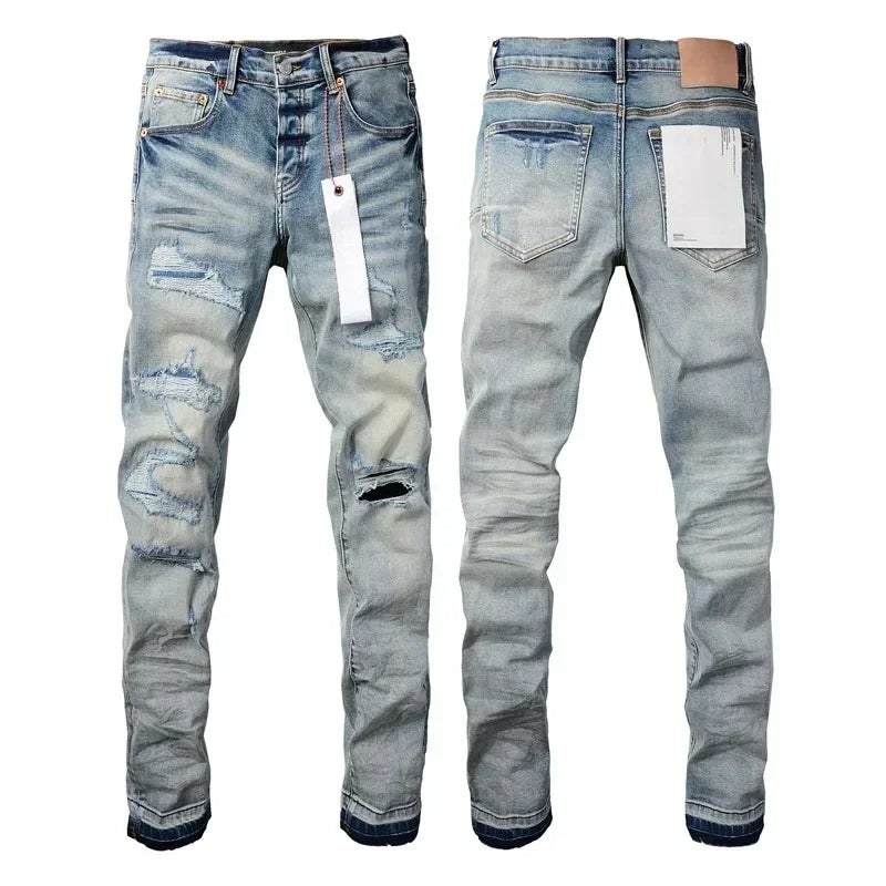 2024 Purples Man jeans brand high street blue ripped distressed fashion repair low rise skinny denim trousers brand pants