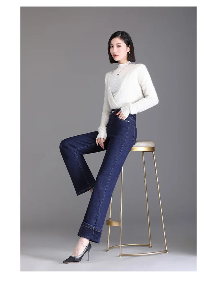 Elegant high waist plush straight leg jeans women long thicken warm oversize winter stretch denim pants velvet hot lining 8XL