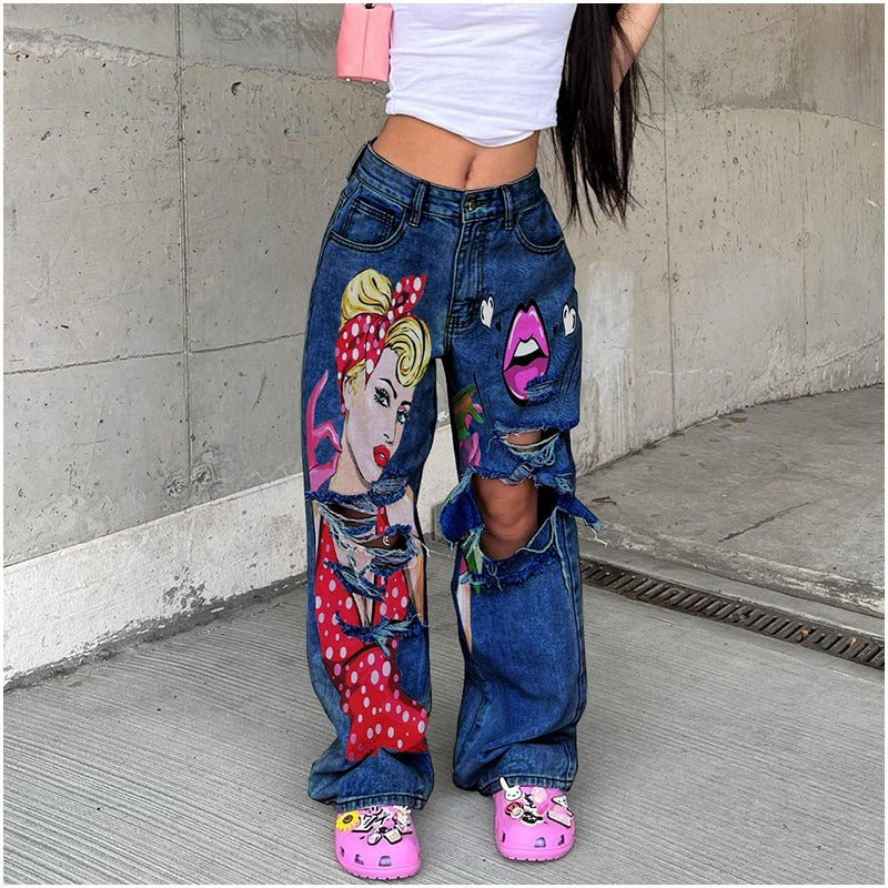 Women's jeans long high waist ripped printing thick edge European and American wide-leg pants trend Y2K personalized jeans