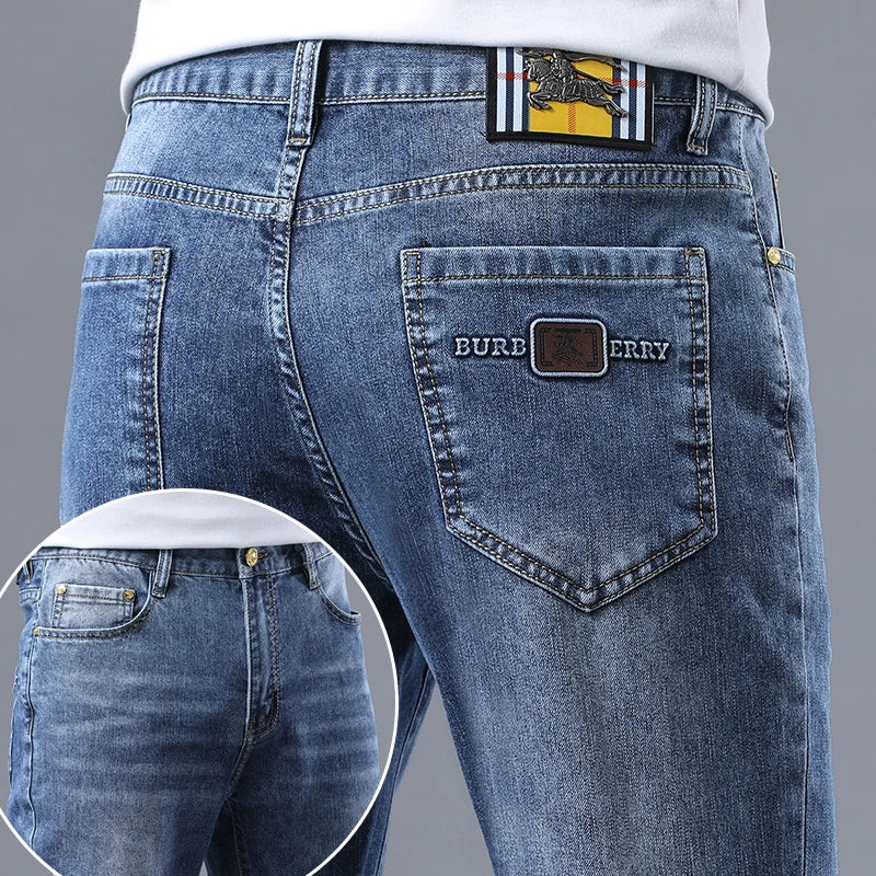 2024 new Korean light luxury high-end personalized printing Slim men's casual pants stretch versatile straight jeans