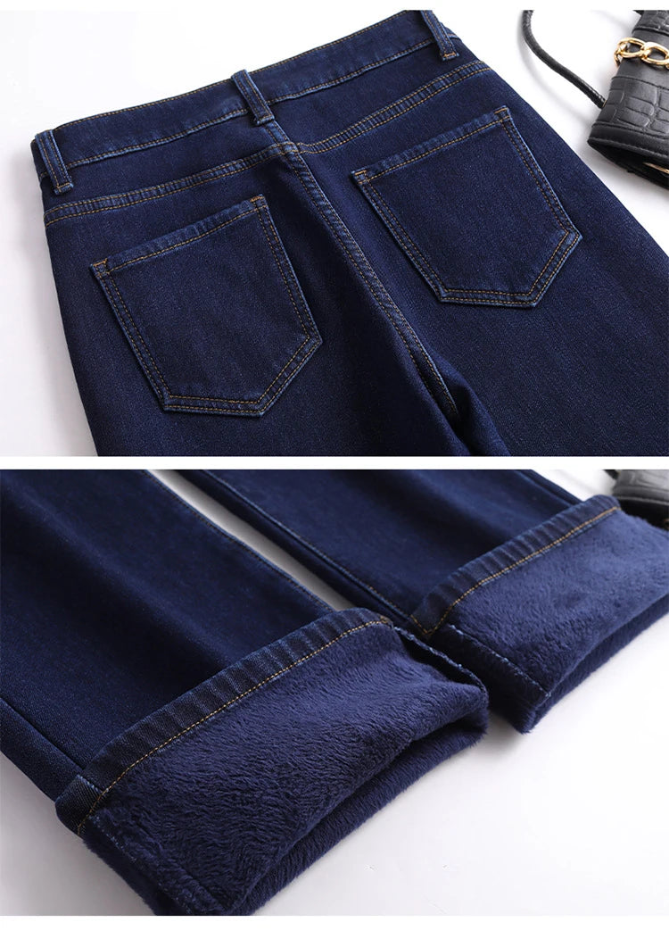 Elegant high waist plush straight leg jeans women long thicken warm oversize winter stretch denim pants velvet hot lining 8XL