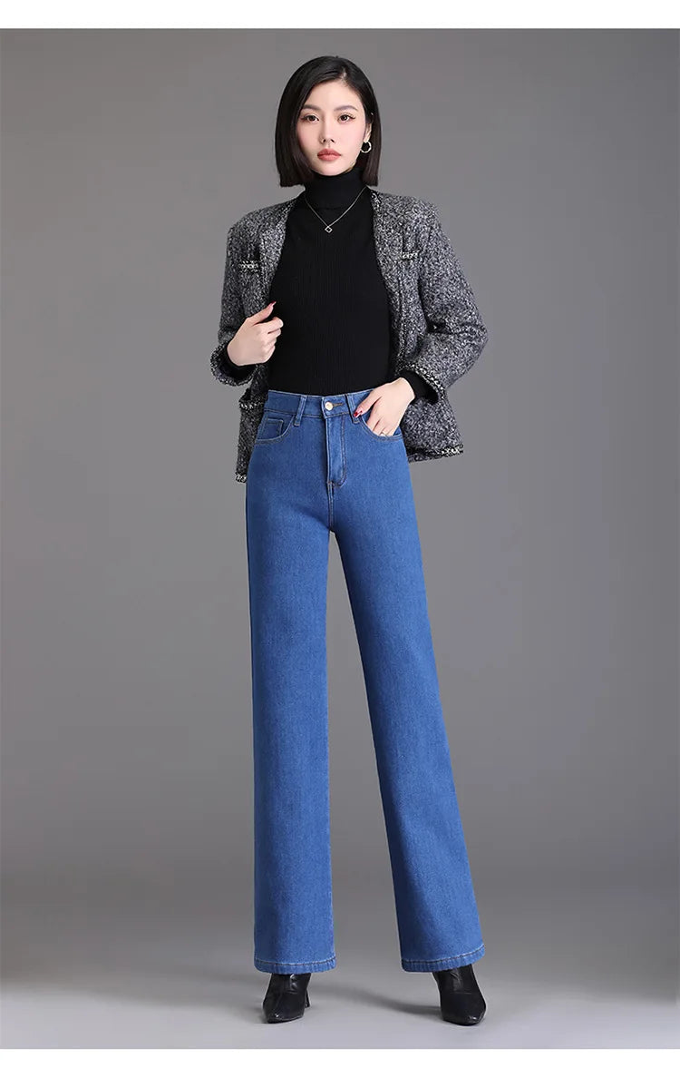 Elegant high waist plush straight leg jeans women long thicken warm oversize winter stretch denim pants velvet hot lining 8XL