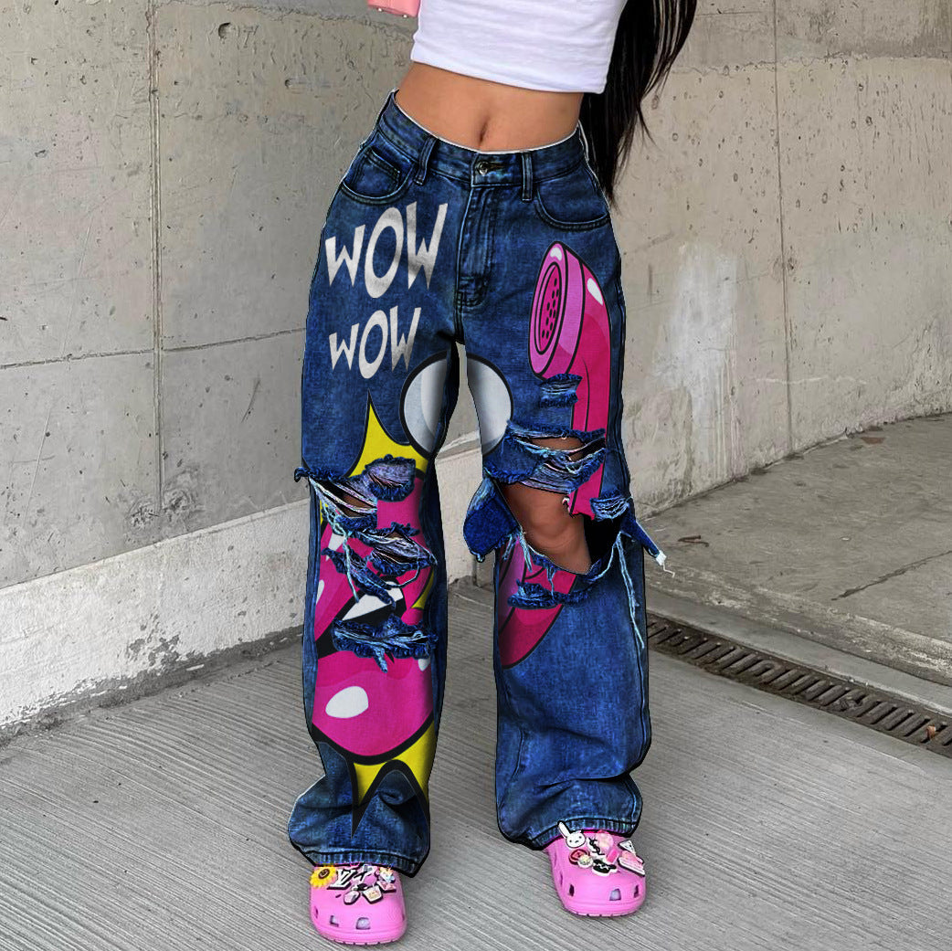 Women's jeans long high waist ripped printing thick edge European and American wide-leg pants trend Y2K personalized jeans