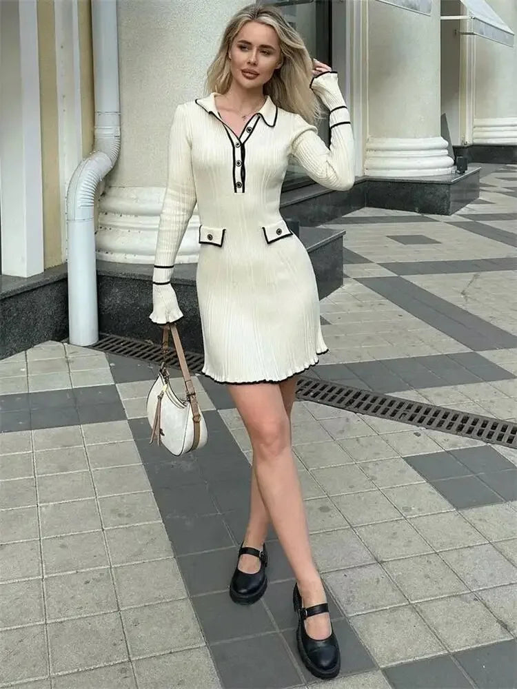 BWQ Ruffled Fashion Knitted Dress Women 2024 Spring Ribbed Long Sleeve High Waist Lapel Gown Dress Knitwear Mini Dresses