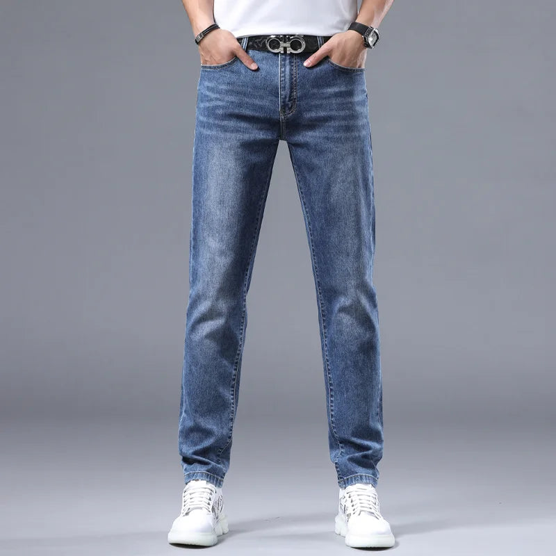 2024 new Korean light luxury high-end personalized printing Slim men's casual pants stretch versatile straight jeans