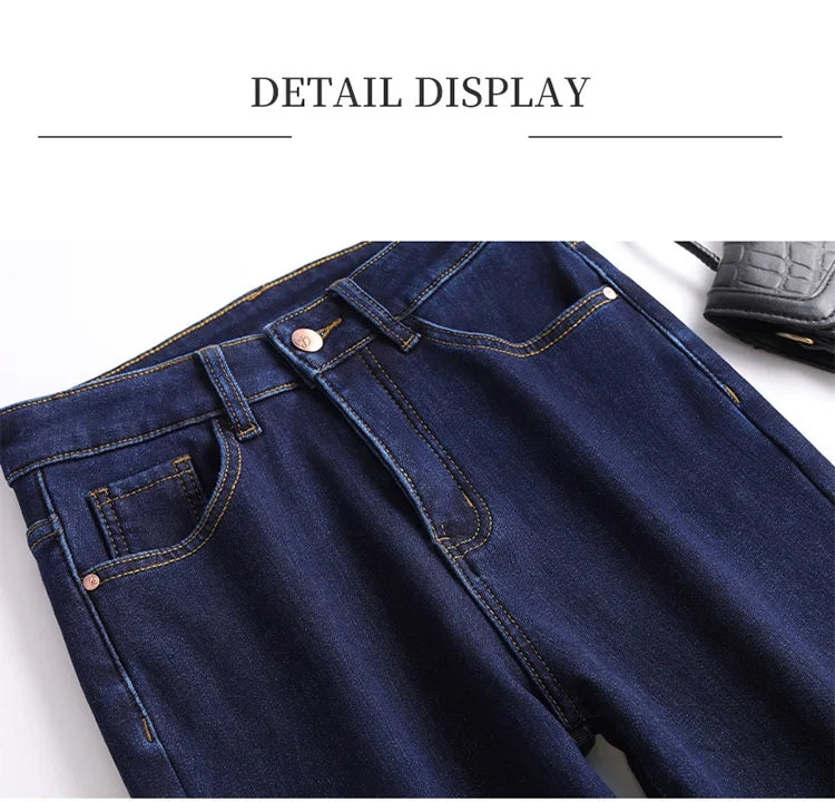 Elegant high waist plush straight leg jeans women long thicken warm oversize winter stretch denim pants velvet hot lining 8XL