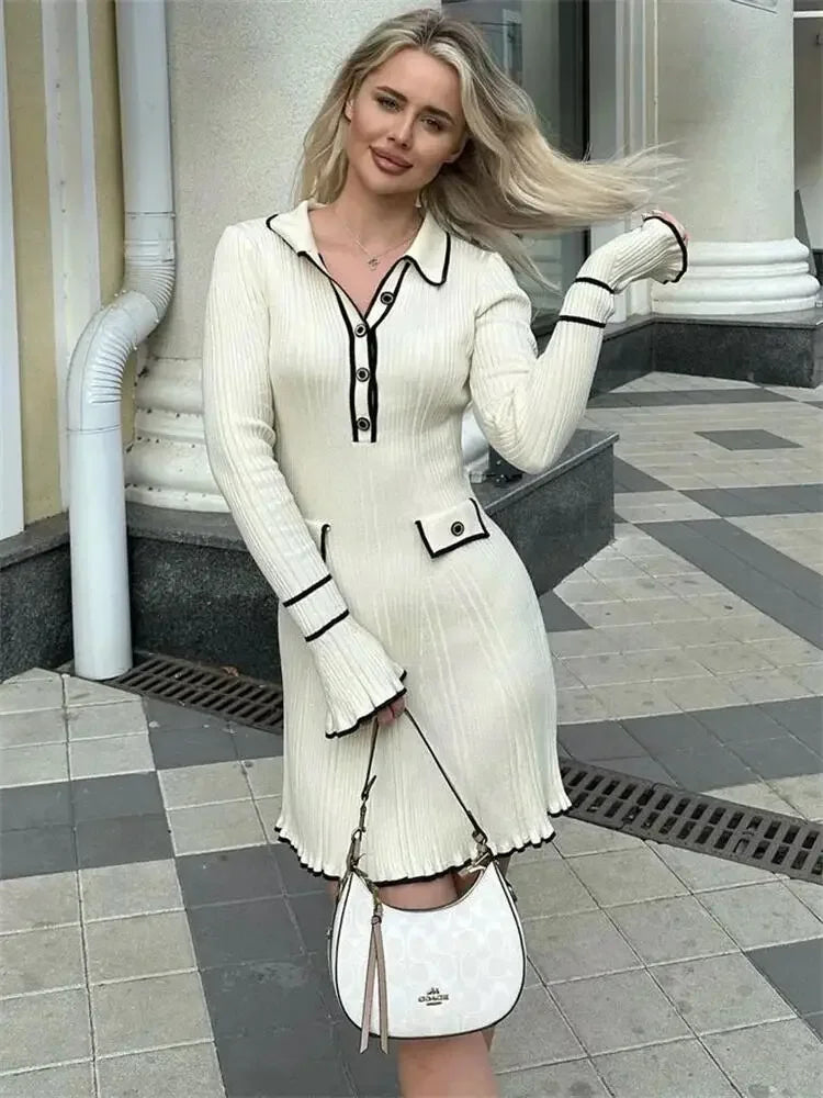 BWQ Ruffled Fashion Knitted Dress Women 2024 Spring Ribbed Long Sleeve High Waist Lapel Gown Dress Knitwear Mini Dresses